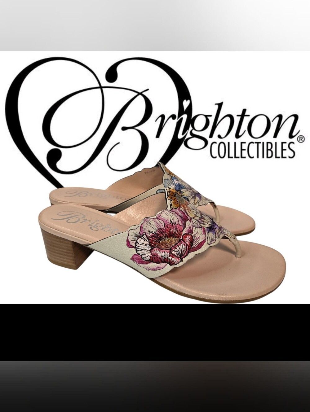 Brighton Kit Leather Floral Embroidered Thong Mules Pink Cream Sz 9 NWOT